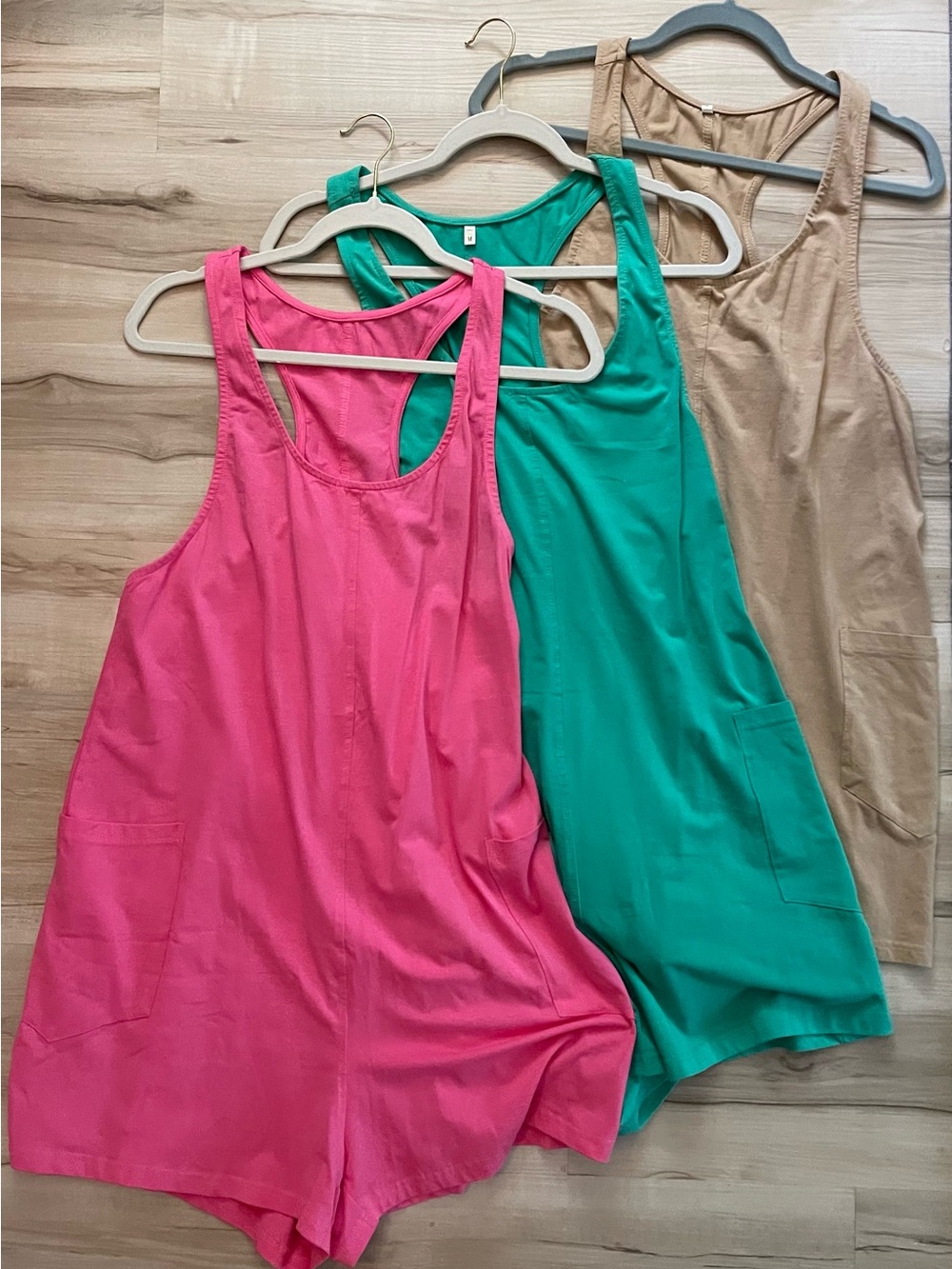 Women's Racerback Pocket Romper Bundle of 3 - Pink, Green & Tan